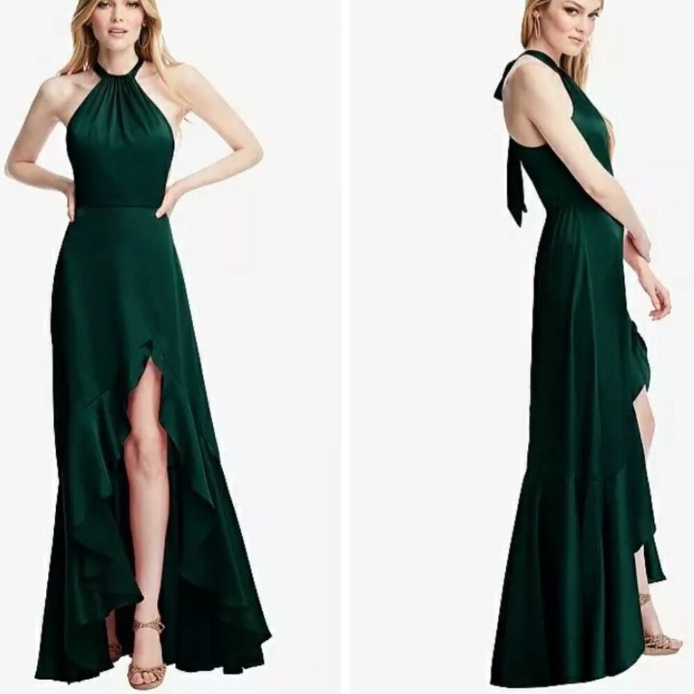 NEW Social Bridesmaids Tie-Neck Halter Maxi Dress Whisper Satin in Evergreen, XS